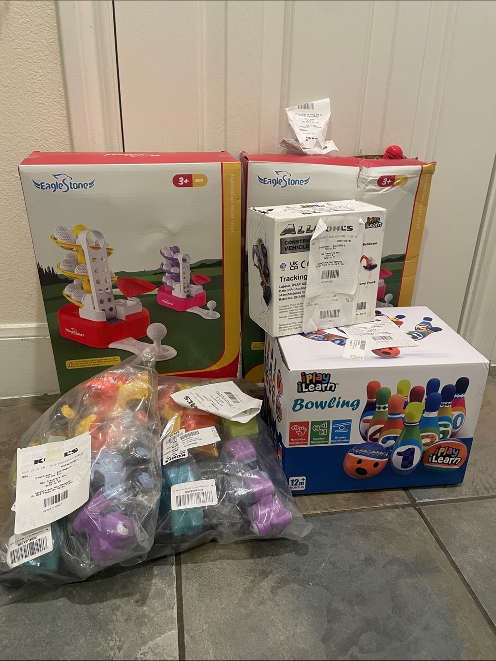 Toy bundle - bowling set, mini golf, toy trucks